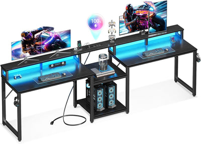 Casaottima 98" 2-Person Gaming Desk with Storage Shelves - USB Charging Ports & LED Lights | Black