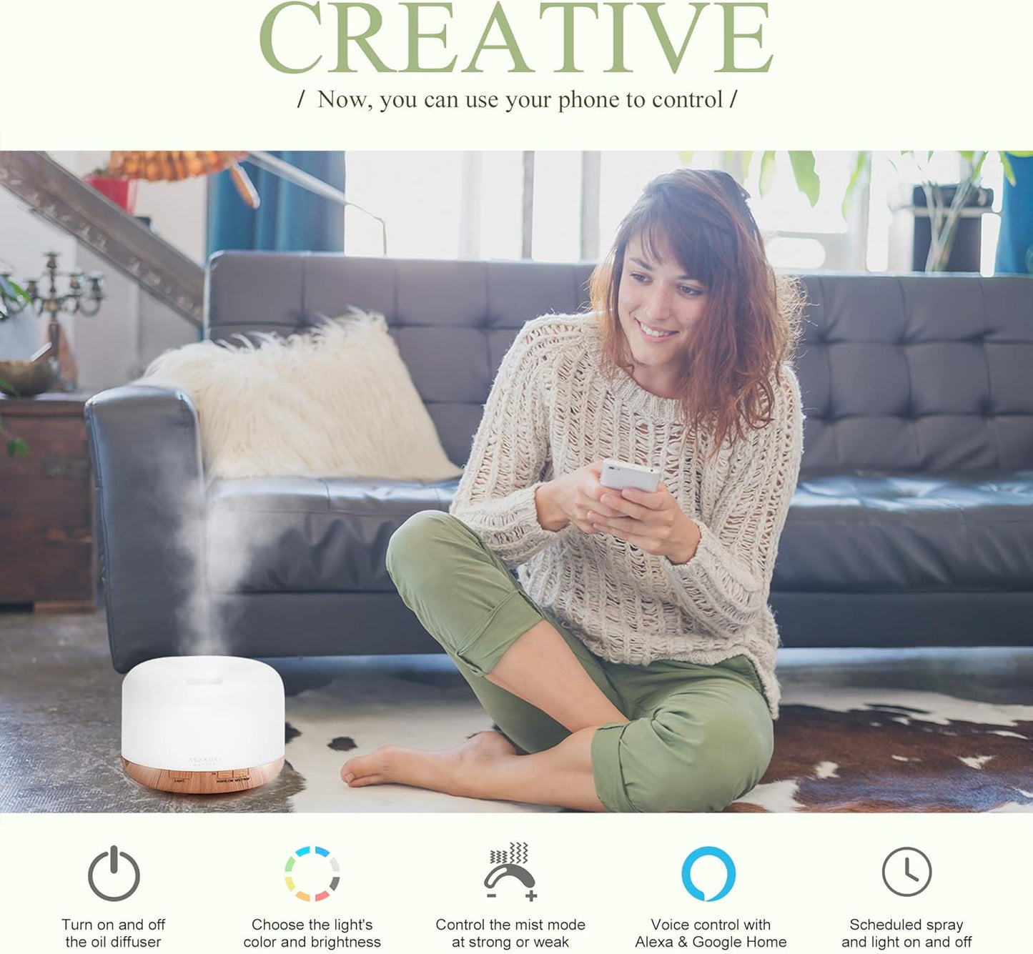 ASAKUKI Smart Wi-Fi Essential Oil Diffuser - 500ml Ultrasonic Aromatherapy Humidifier with App Control
