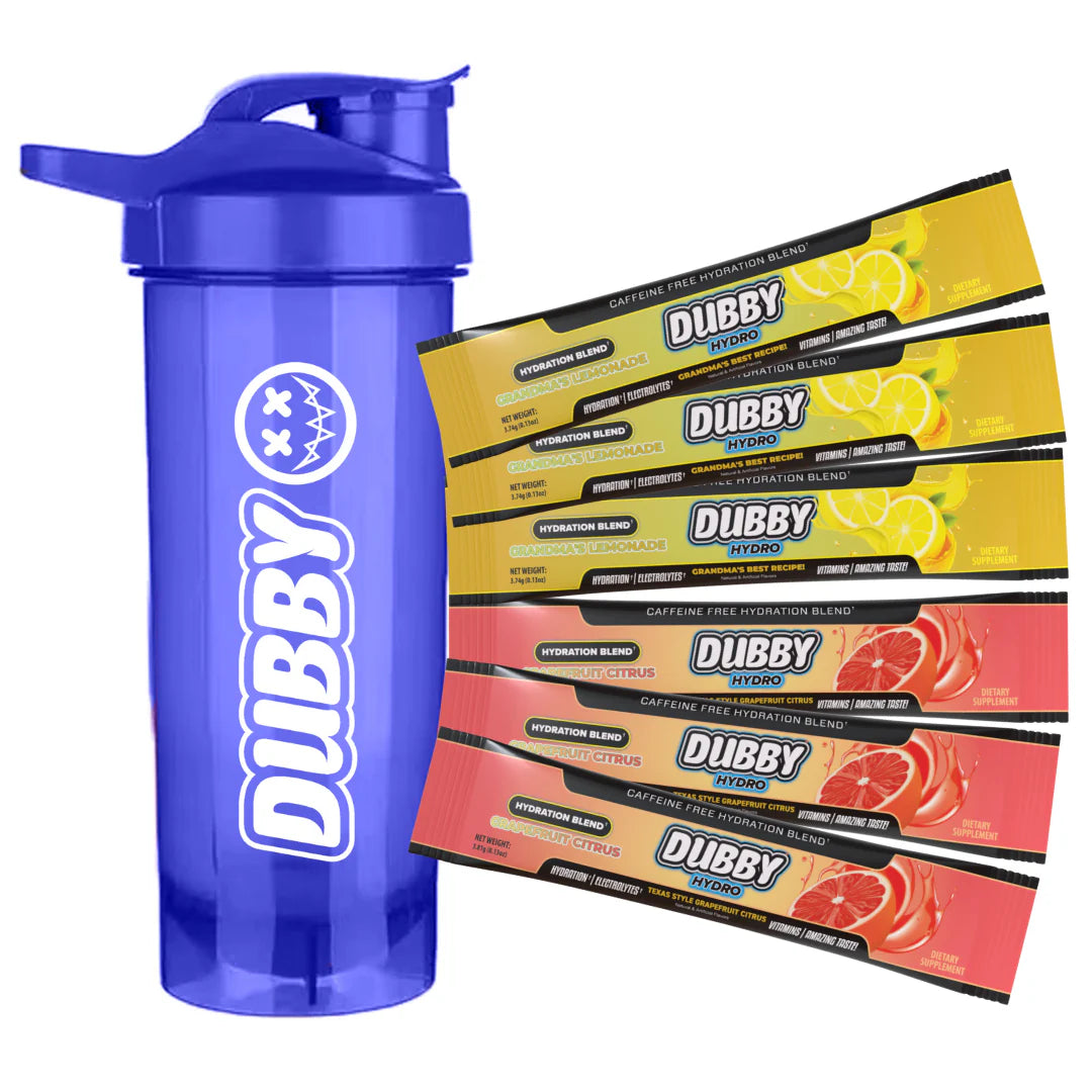 DUBBY Hydro Sampler Pack - 6 Caffeine-Free Hydration Drink Stick Packs with Shaker