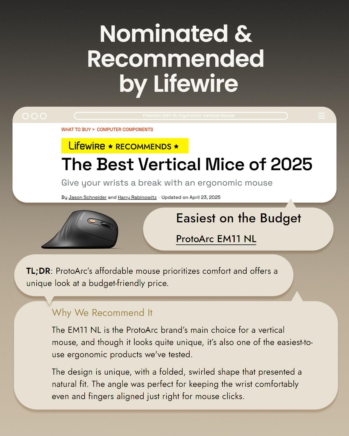 ProtoArc EM11 NL Bluetooth Ergonomic Vertical Mouse - Wireless Multi-Device Connectivity