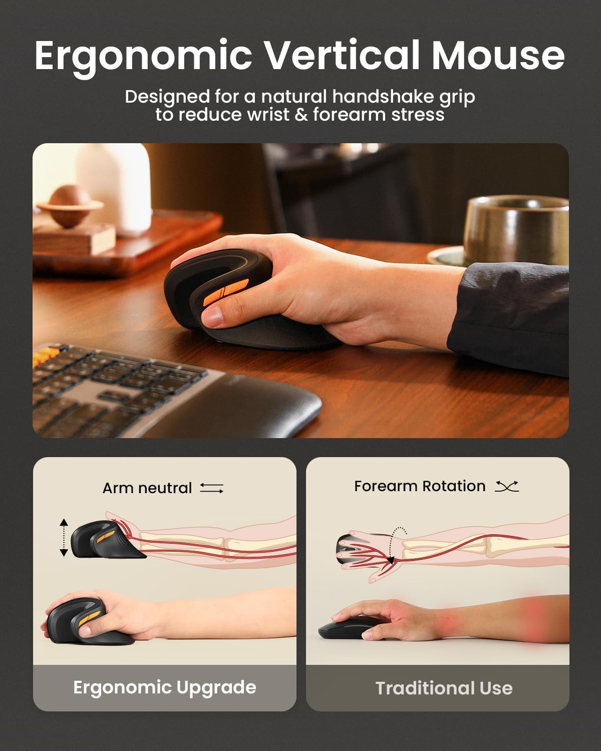 ProtoArc EM11 NL Bluetooth Ergonomic Vertical Mouse - Wireless Multi-Device Connectivity