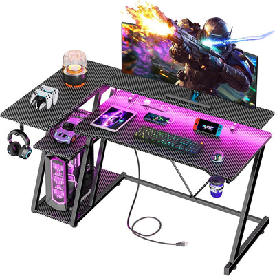 Korfile 47 Inch Gaming Desk with Power Outlet & LED Lights - Ultimate Gaming Setup