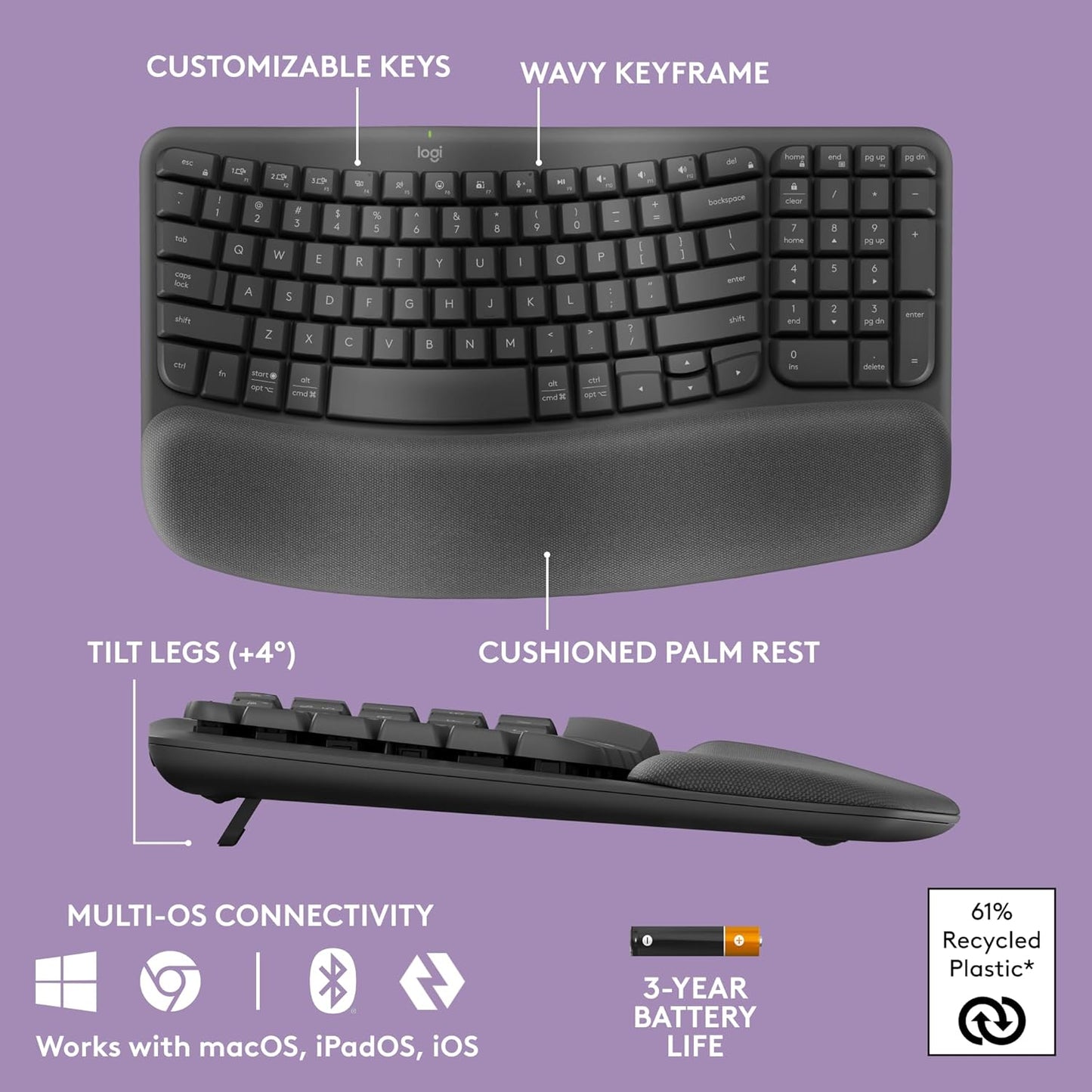 Premium Wireless Ergonomic Keyboard with Cushioned Palm Rest - Multi-Device Connectivity