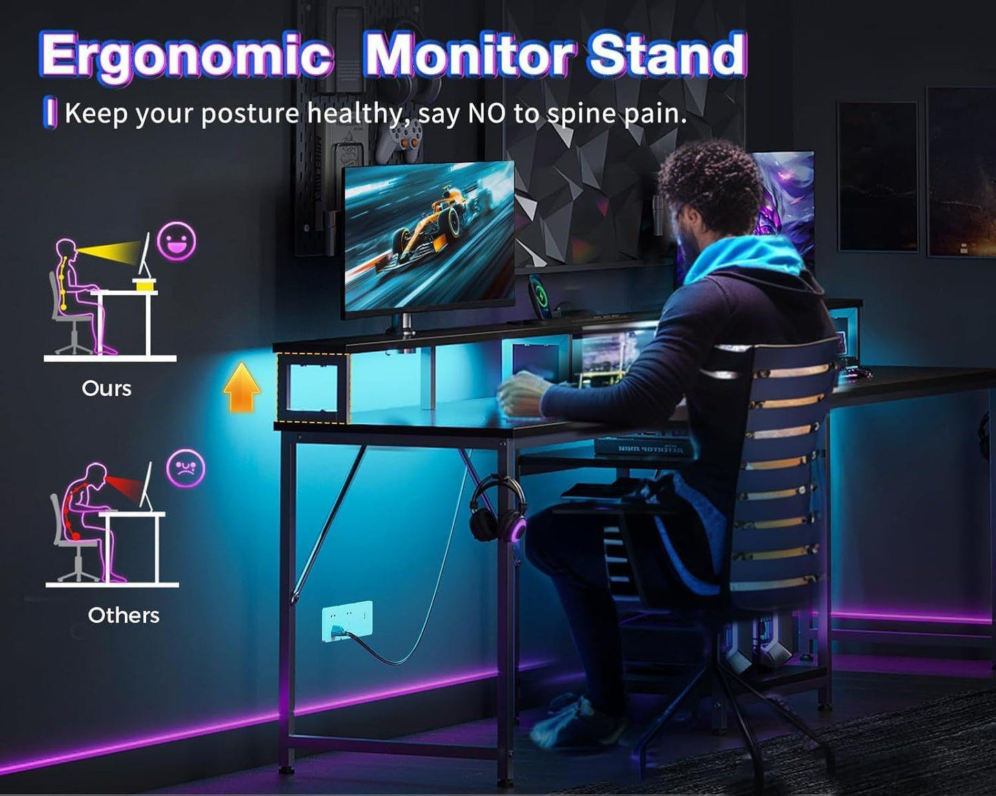 Casaottima 98" 2-Person Gaming Desk with Storage Shelves - USB Charging Ports & LED Lights | Black
