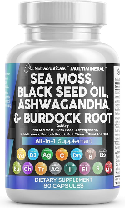 Clean Nutraceuticals Sea Moss Black Seed Oil Ashwagandha Turmeric Supplement - Premium Wellness Blend