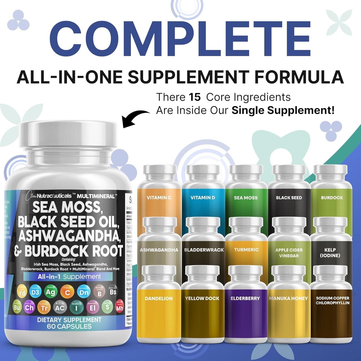 Clean Nutraceuticals Sea Moss Black Seed Oil Ashwagandha Turmeric Supplement - Premium Wellness Blend