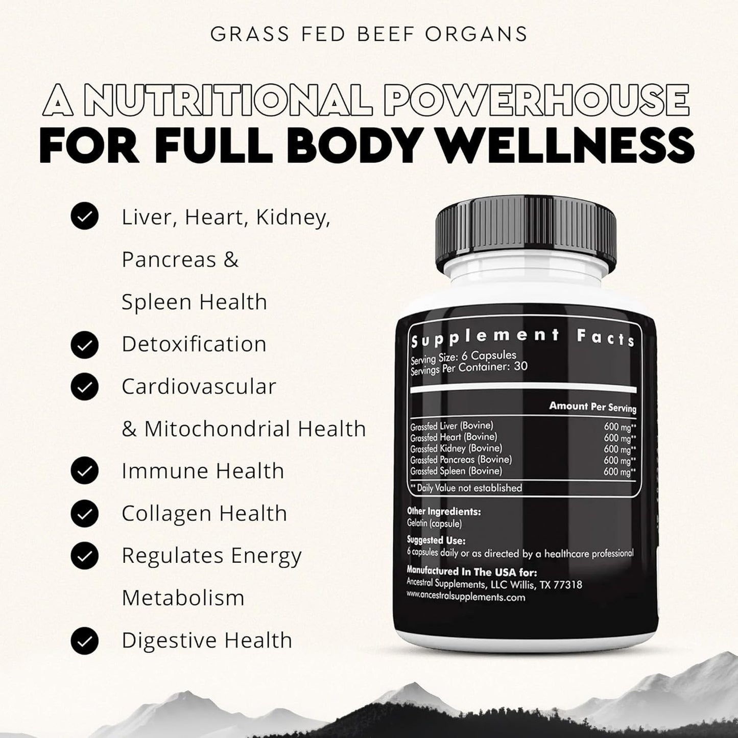 Ancestral Supplements Grass Fed Beef Organ Supplement - Whole Body Wellness Support