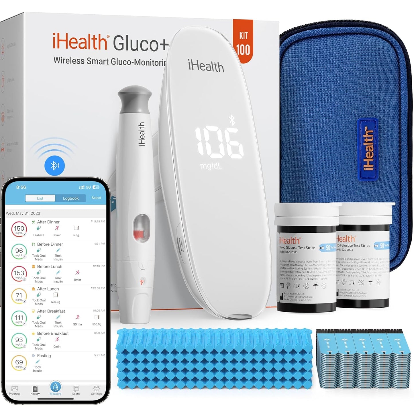 Complete Wireless Blood Glucose Monitor Kit - Smart Diabetes Testing with Mobile App