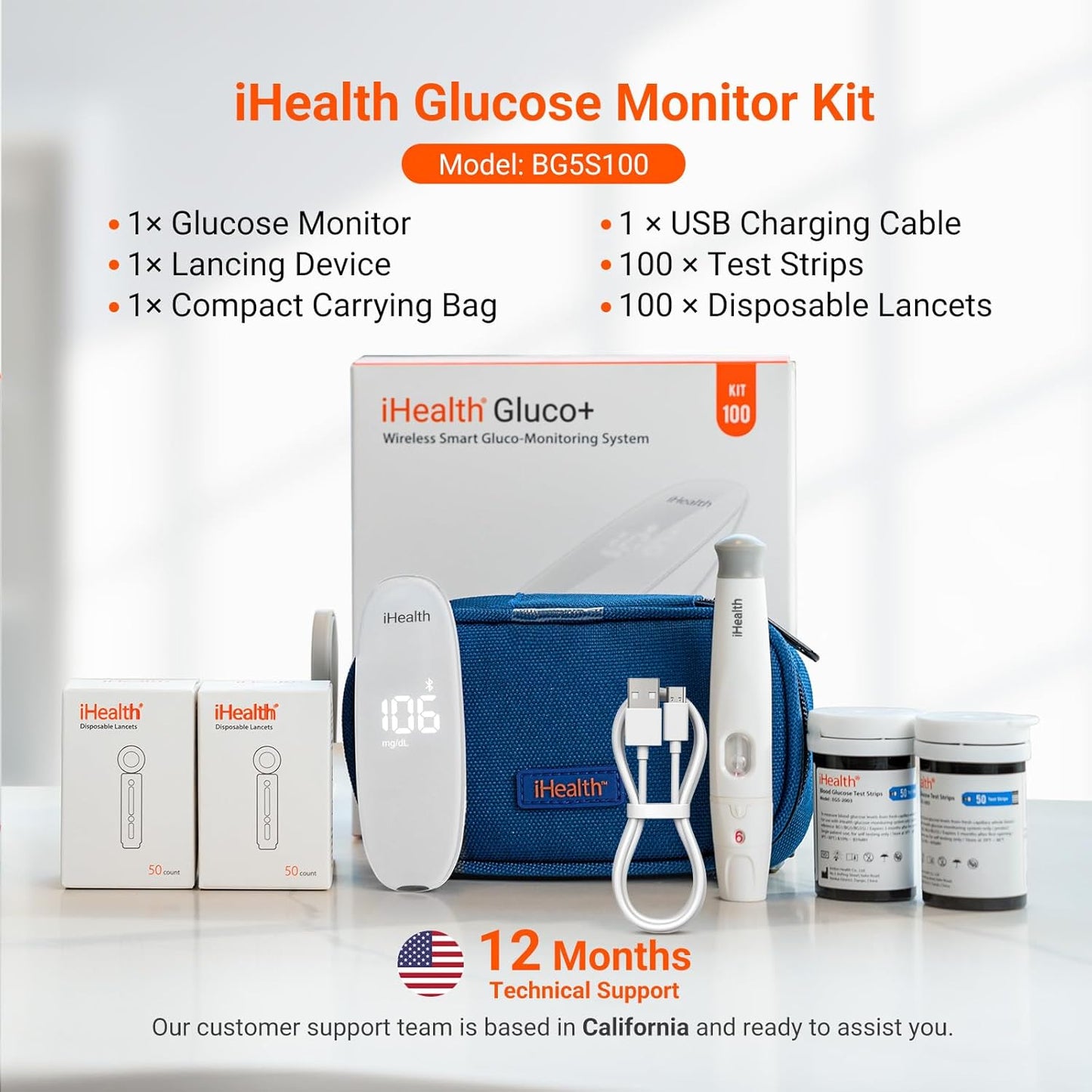 Complete Wireless Blood Glucose Monitor Kit - Smart Diabetes Testing with Mobile App