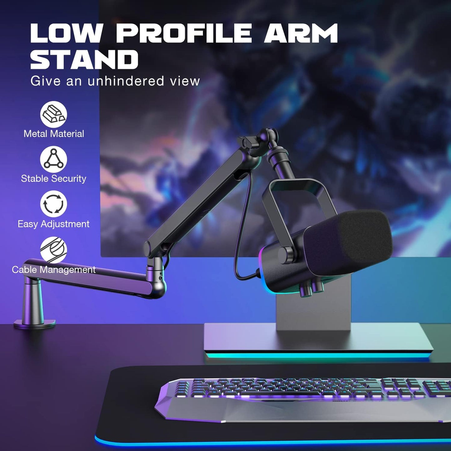 FIFINE Microphone Boom Arm Stand - Low Profile Adjustable with Desk Clamp & Cable Management