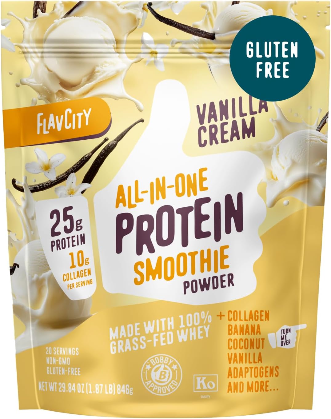 FlavCity Grass Fed Whey Protein Powder - Vanilla Smoothie with 25g Protein & 10g Collagen