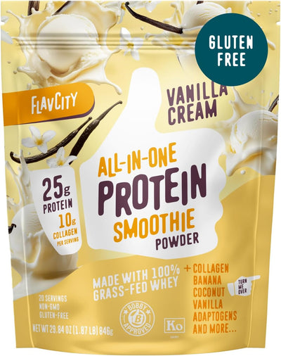 FlavCity Grass Fed Whey Protein Powder - Vanilla Smoothie with 25g Protein & 10g Collagen