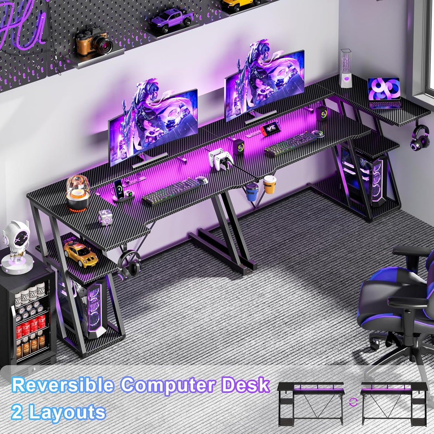 Korfile 47 Inch Gaming Desk with Power Outlet & LED Lights - Ultimate Gaming Setup