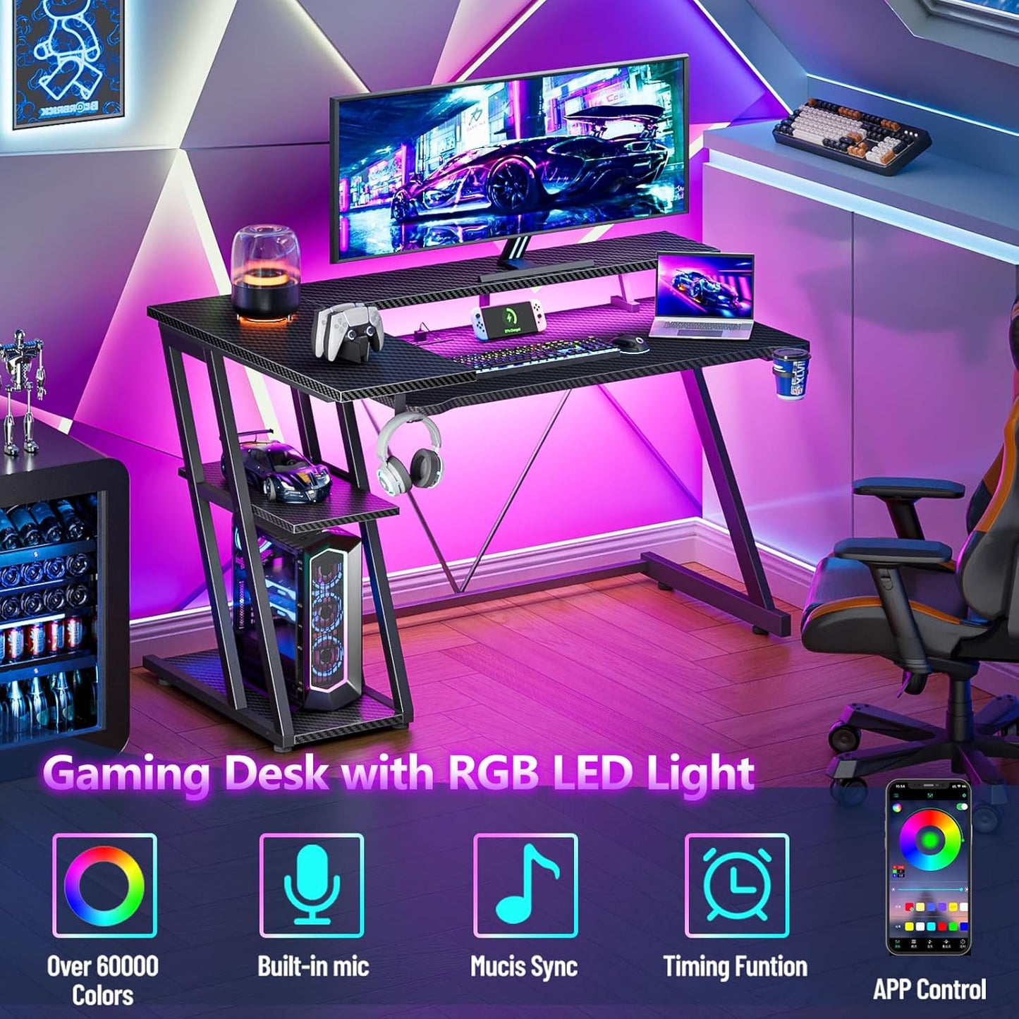 Korfile 47 Inch Gaming Desk with Power Outlet & LED Lights - Ultimate Gaming Setup