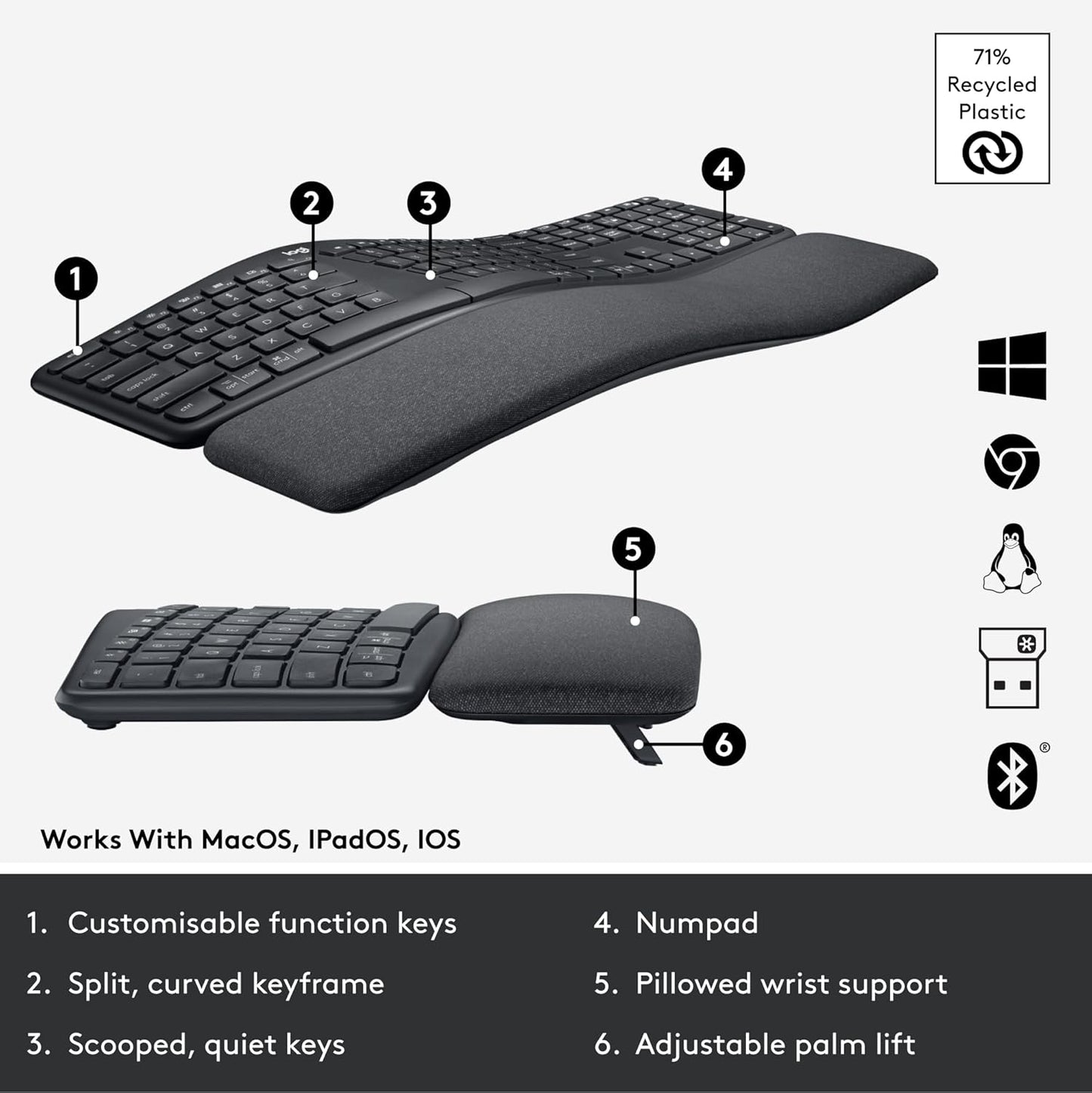 Logitech ERGO K860 Wireless Ergonomic Keyboard - Split Design with Wrist Rest & Bluetooth Connectivity