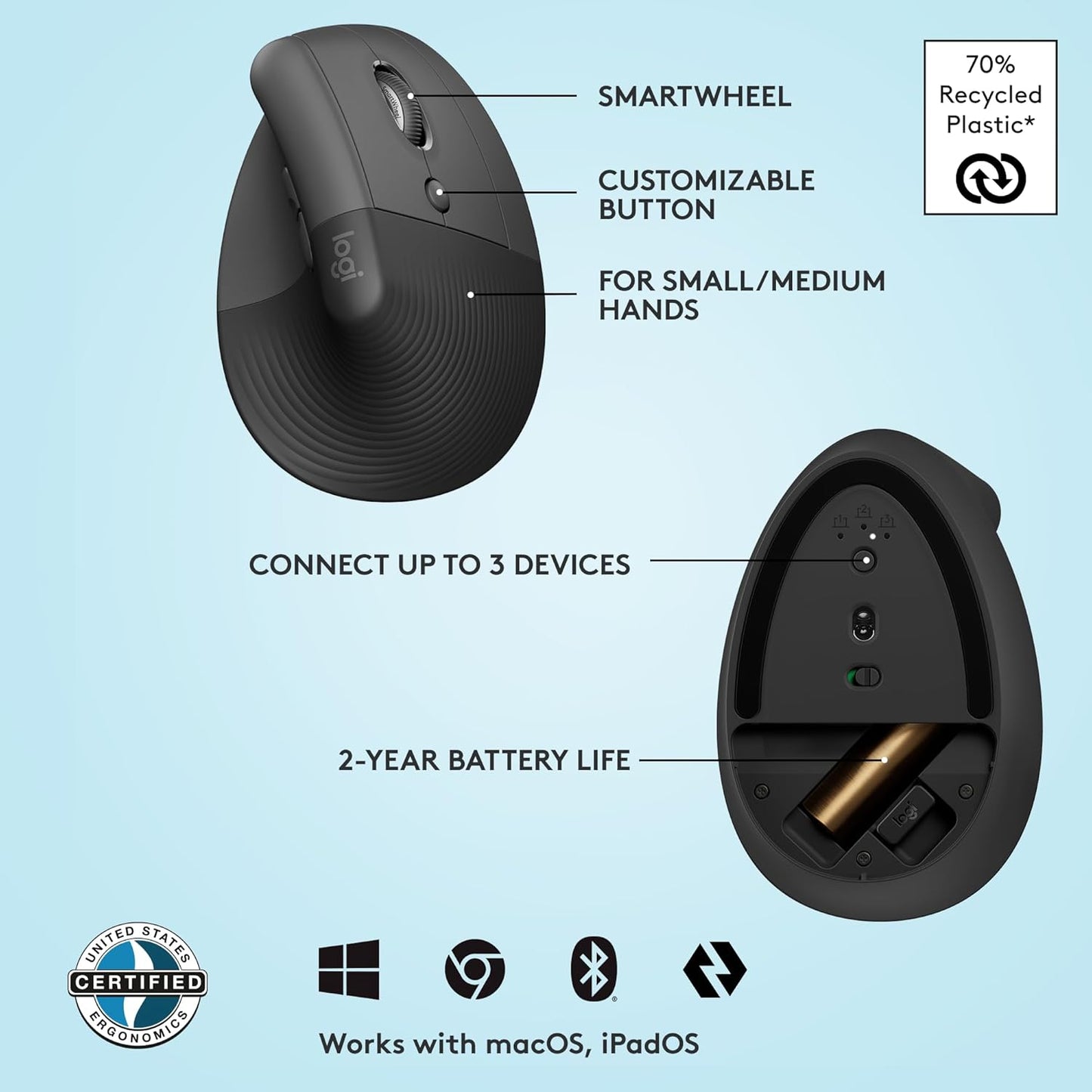 Logitech Lift Vertical Ergonomic Wireless Mouse - Quiet Clicks, 4 Buttons, Right Hand Design