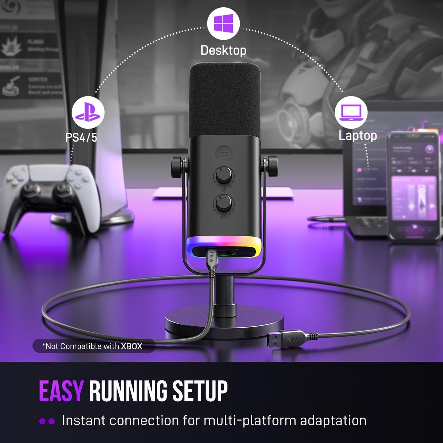 FIFINE USB/XLR Gaming Streaming Microphone with RGB Light & Mute Button