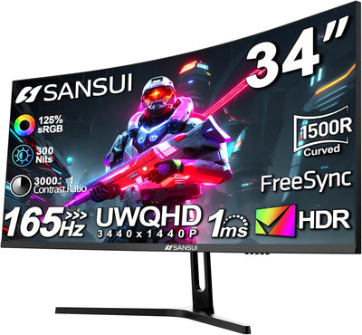 SANSUI 34-Inch Curved Gaming Monitor - UWQHD 3440x1440 165Hz