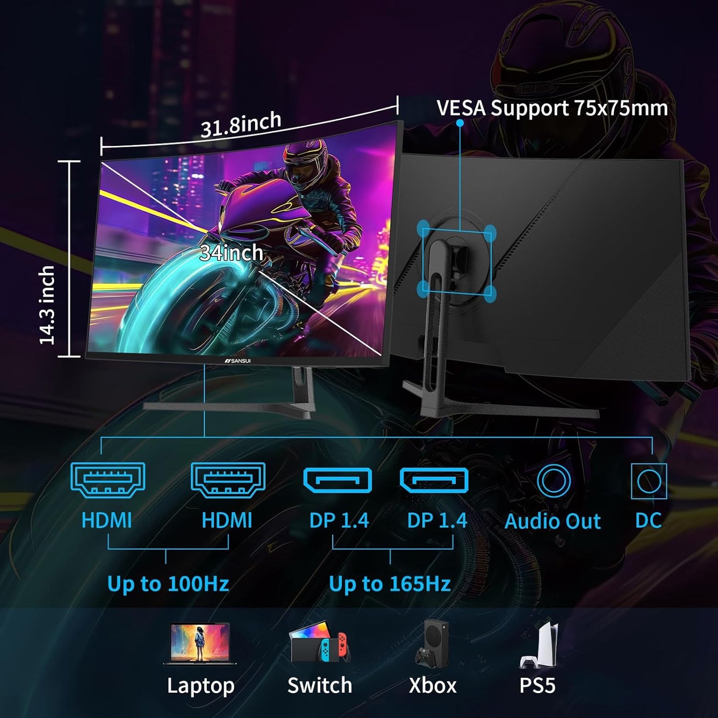 SANSUI 34-Inch Curved Gaming Monitor - UWQHD 3440x1440 165Hz