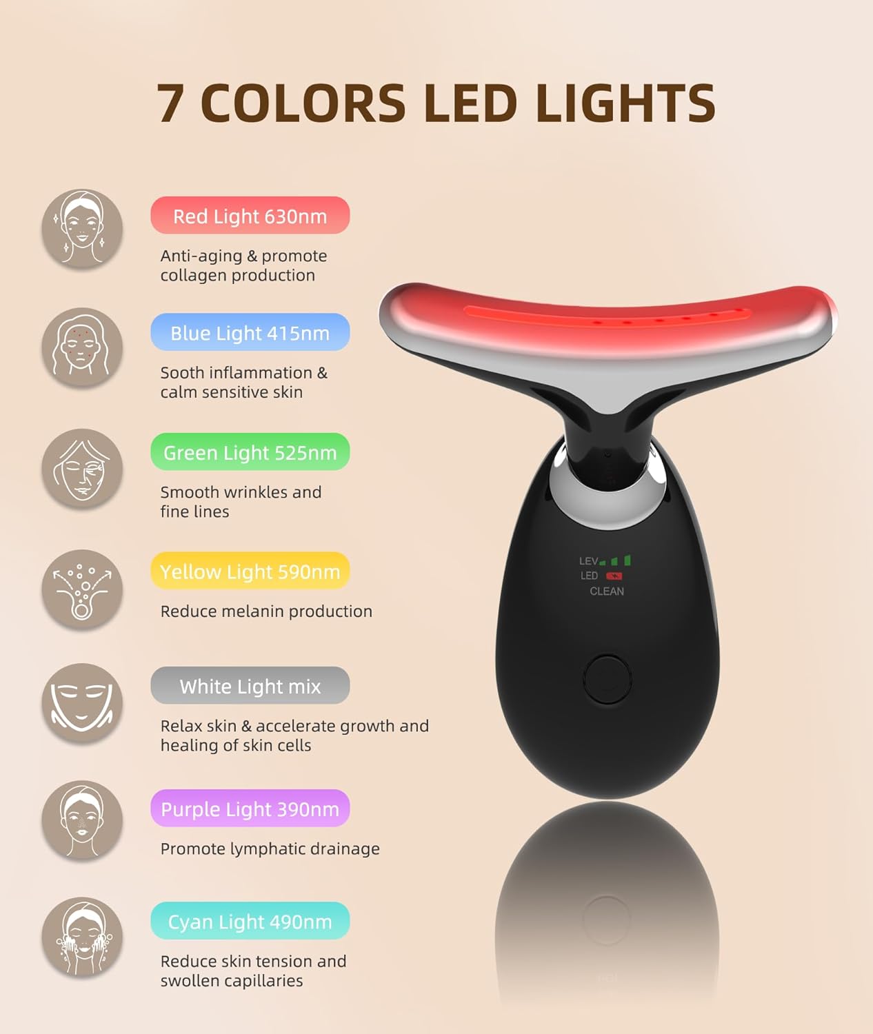 ELISHINE 7-Color LED Light Therapy Facial Massager - Portable Anti-Aging Skin Care Device
