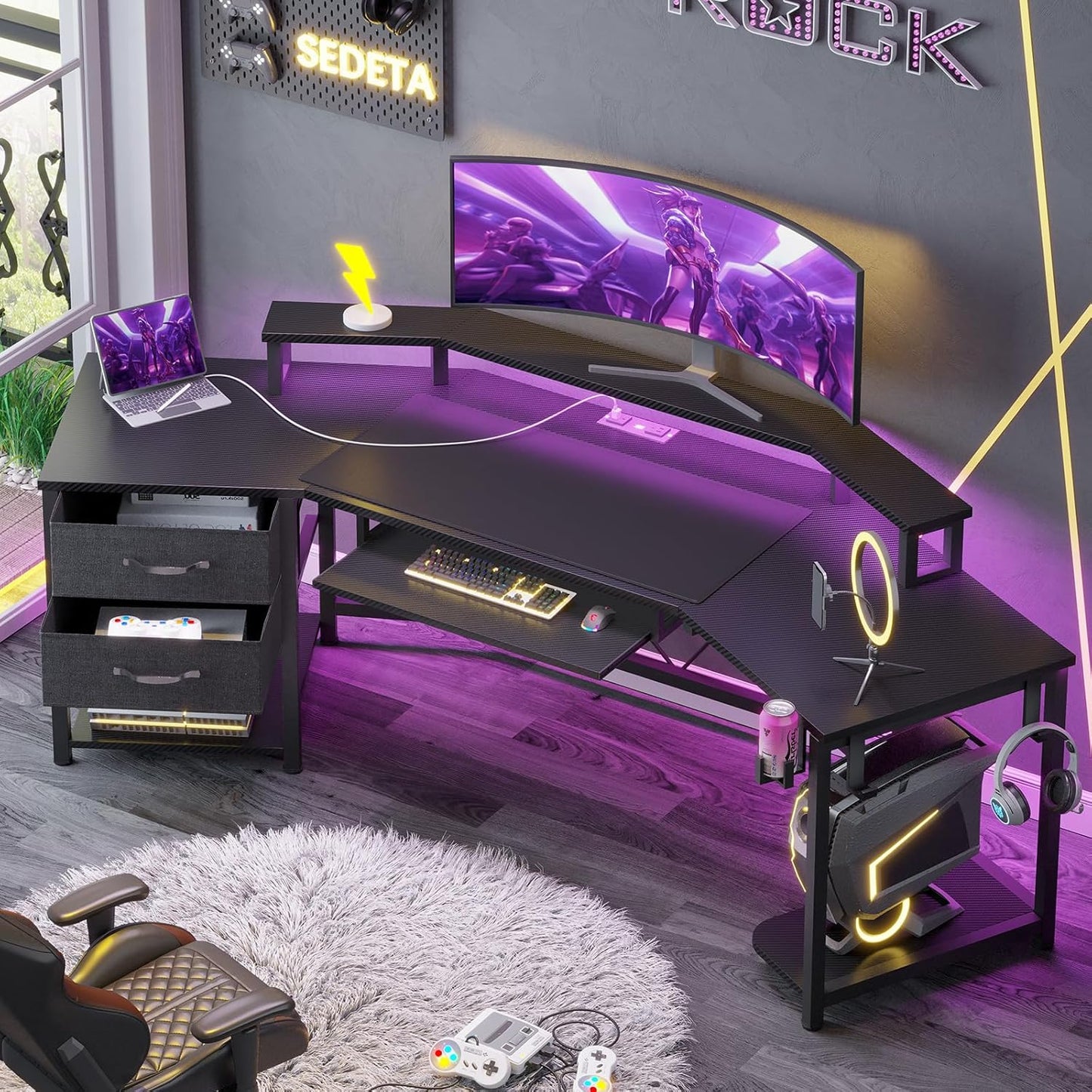 SEDETA 79" L-Shaped Gaming Desk with LED Light - Storage Shelf & Fabric Drawers | Carbon Fiber Black