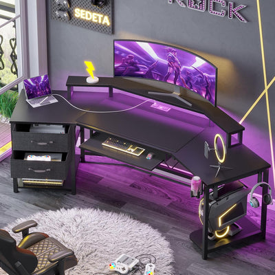 SEDETA 79" L-Shaped Gaming Desk with LED Light - Storage Shelf & Fabric Drawers | Carbon Fiber Black