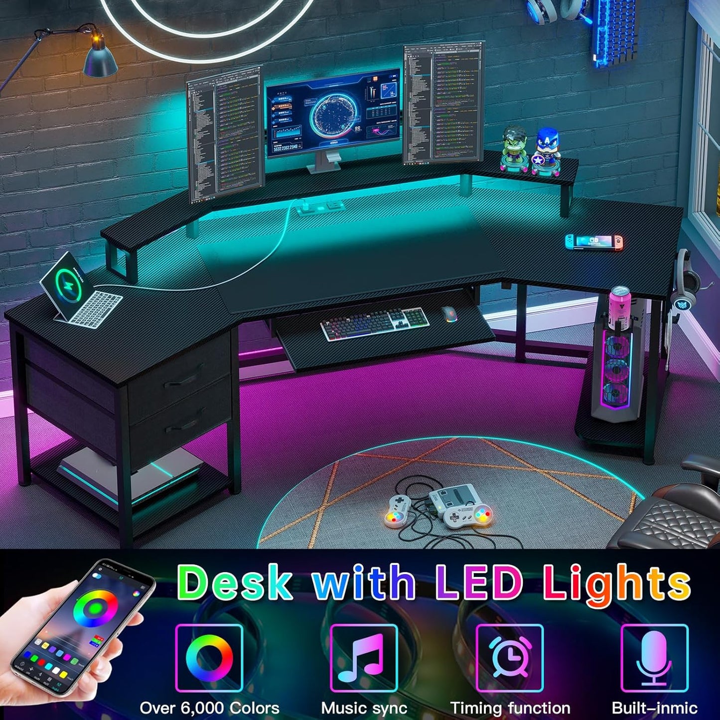 SEDETA 79" L-Shaped Gaming Desk with LED Light - Storage Shelf & Fabric Drawers | Carbon Fiber Black