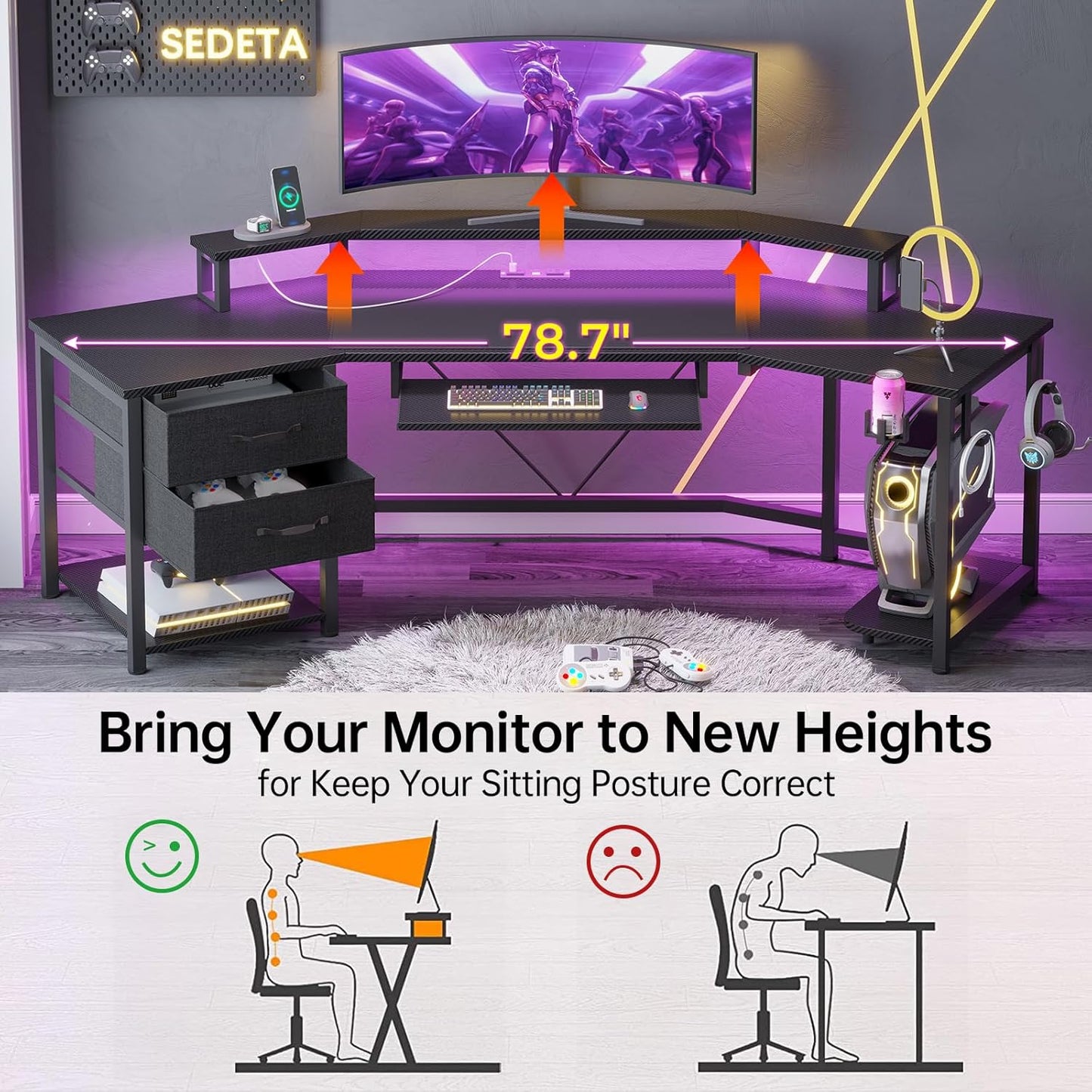SEDETA 79" L-Shaped Gaming Desk with LED Light - Storage Shelf & Fabric Drawers | Carbon Fiber Black