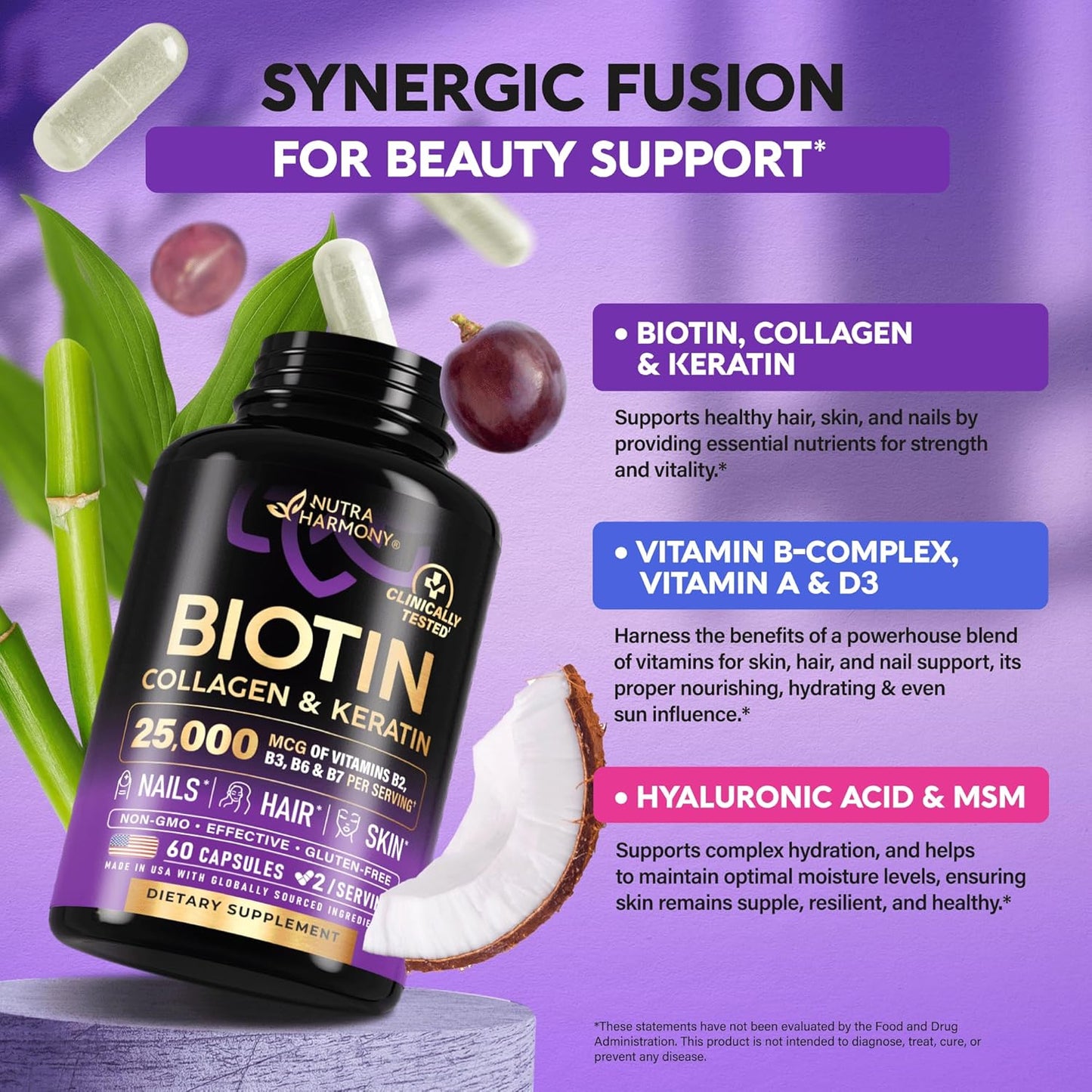 Nutraharmony Biotin, Collagen & Keratin supplement for Hair, Skin & Nails