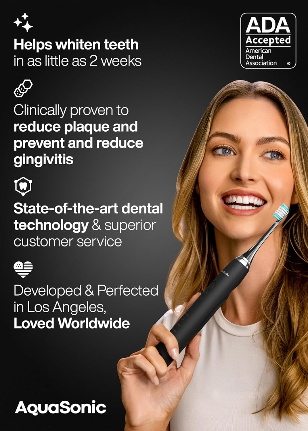 Aquasonic Black Series Ultra Whitening Electric Toothbrush - ADA Accepted Rechargeable Sonic Toothbrush