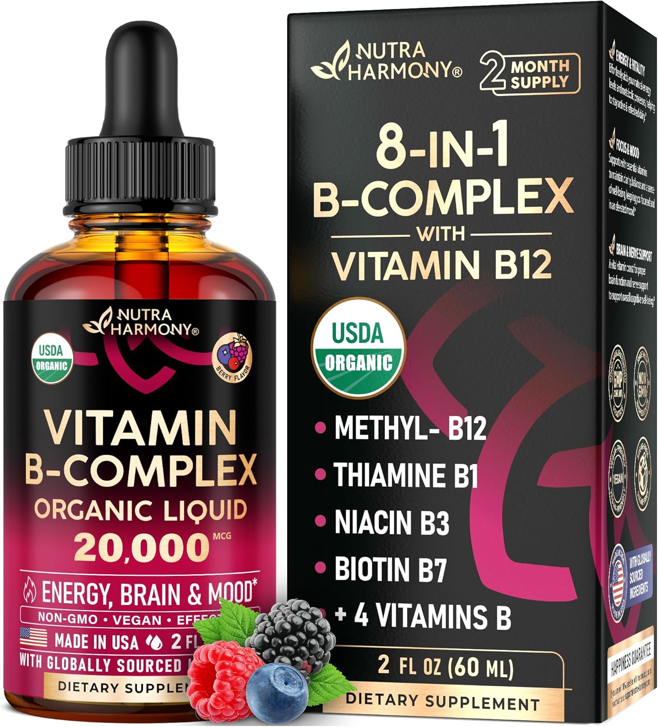 Nutraharmony USDA Organic Vitamin B-Complex Liquid Drops - Complete B Vitamins with B12, B6, Biotin & Folic Acid