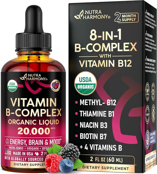 Nutraharmony USDA Organic Vitamin B-Complex Liquid Drops - Complete B Vitamins with B12, B6, Biotin & Folic Acid