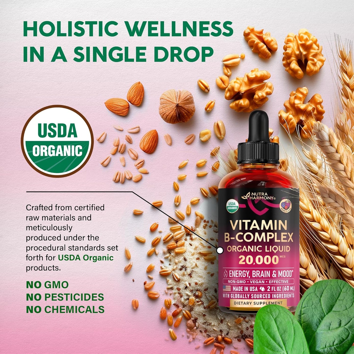 Nutraharmony USDA Organic Vitamin B-Complex Liquid Drops - Complete B Vitamins with B12, B6, Biotin & Folic Acid