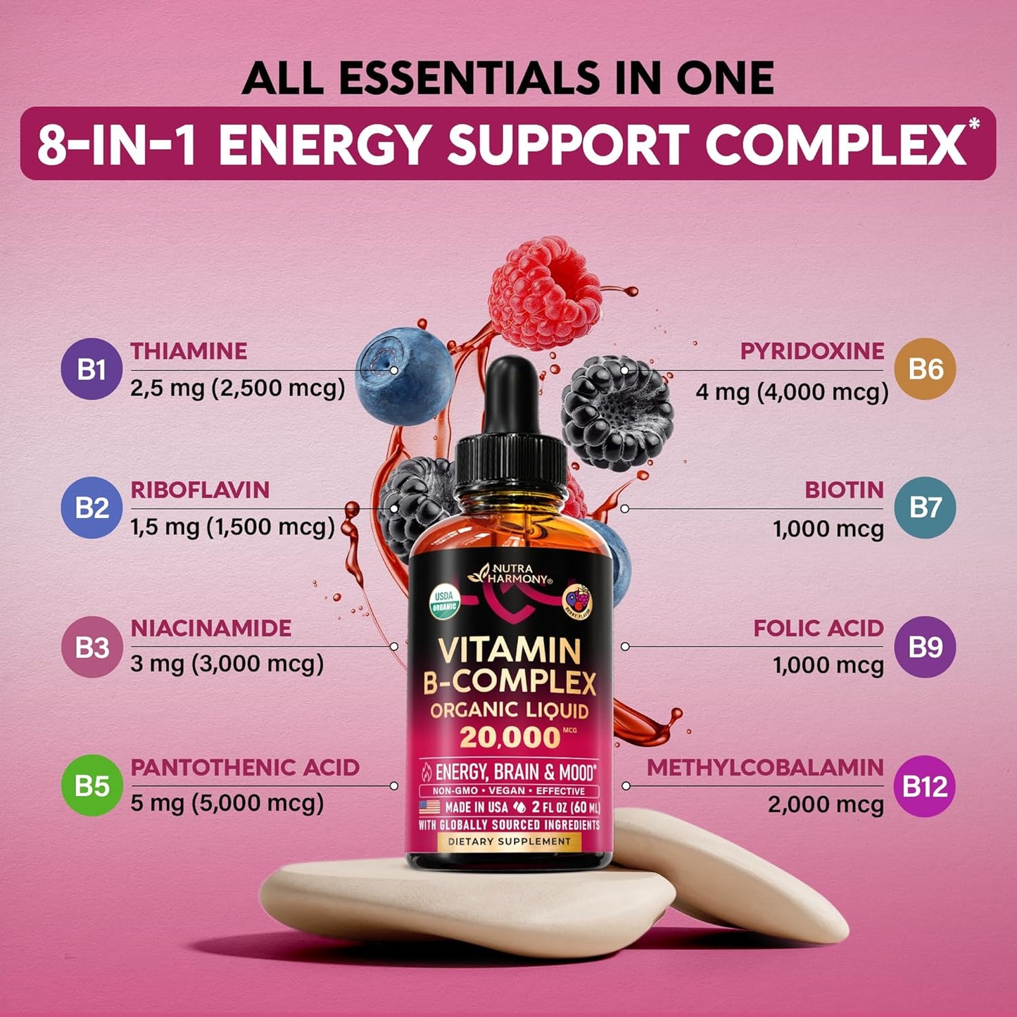 Nutraharmony USDA Organic Vitamin B-Complex Liquid Drops - Complete B Vitamins with B12, B6, Biotin & Folic Acid