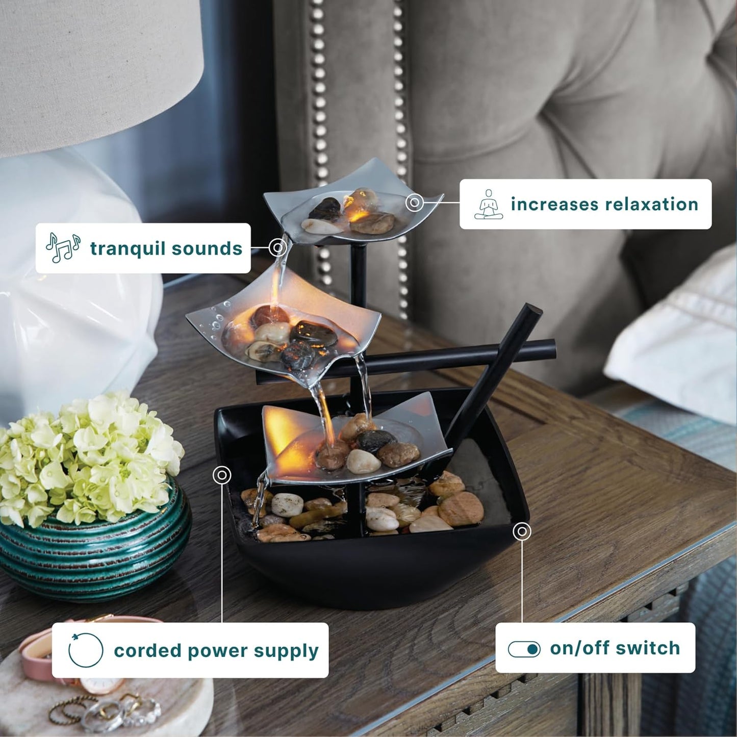 HoMedics Tabletop Water Fountain - Relaxing Indoor Waterfall with Soothing Sounds